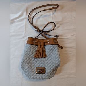 Simply Noelle Vegan Faux Leather Woven Crossbody Bag Light Blue/Tan Trim